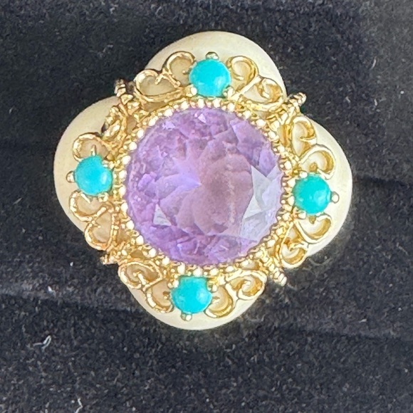 14K Yellow Gold Bezel Amethyst Turquoise and Quatrefoil White Agate Ring S 6.5 - Picture 4 of 16